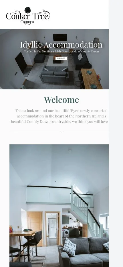 conkertreecottages.com website shown on mobile