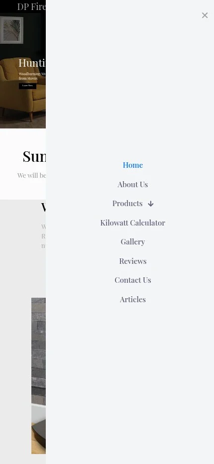 dpfireplaces.co.uk website shown on mobile