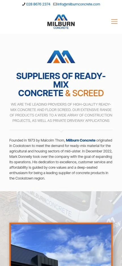 milburnconcrete.com website shown on mobile