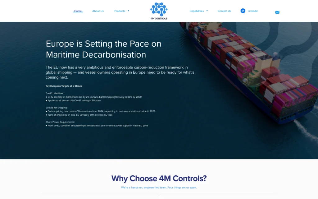 4mcontrols.com website shown on desktop