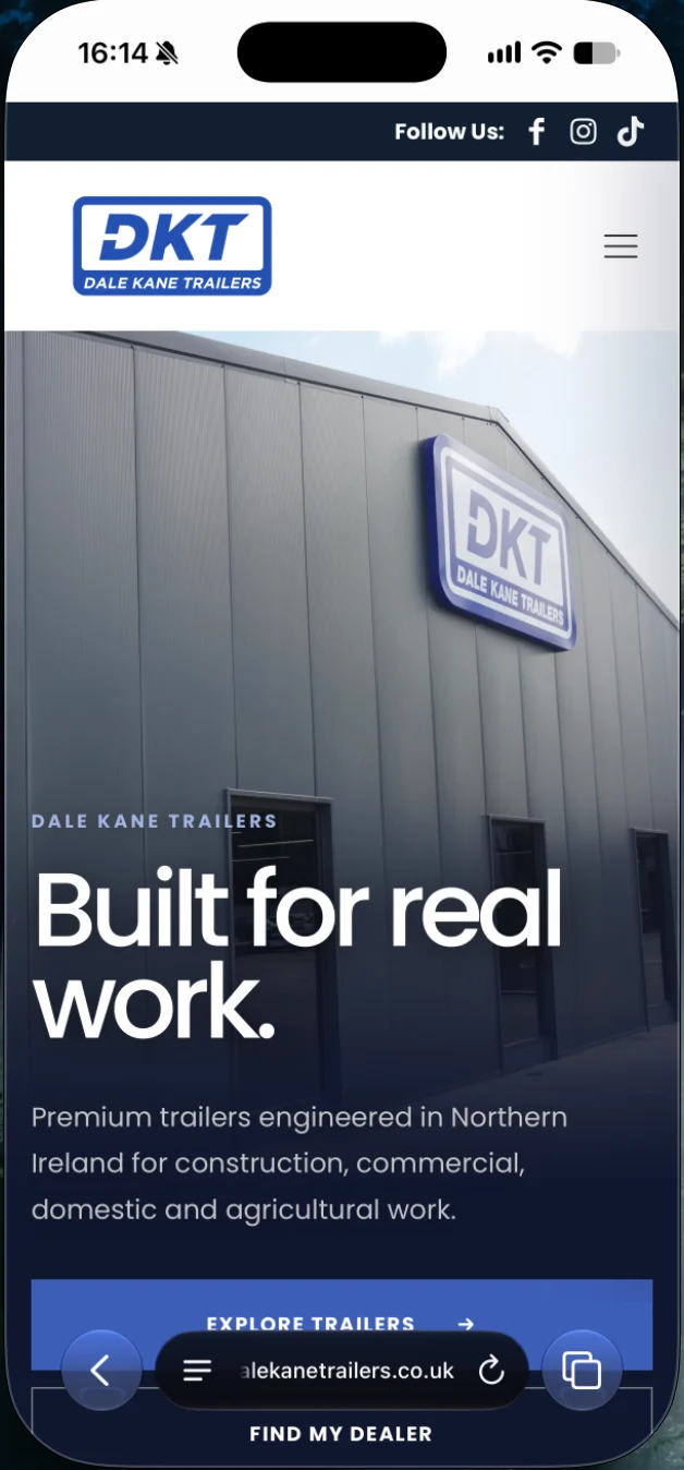 Dale Kane Trailers responsive website design on mobile