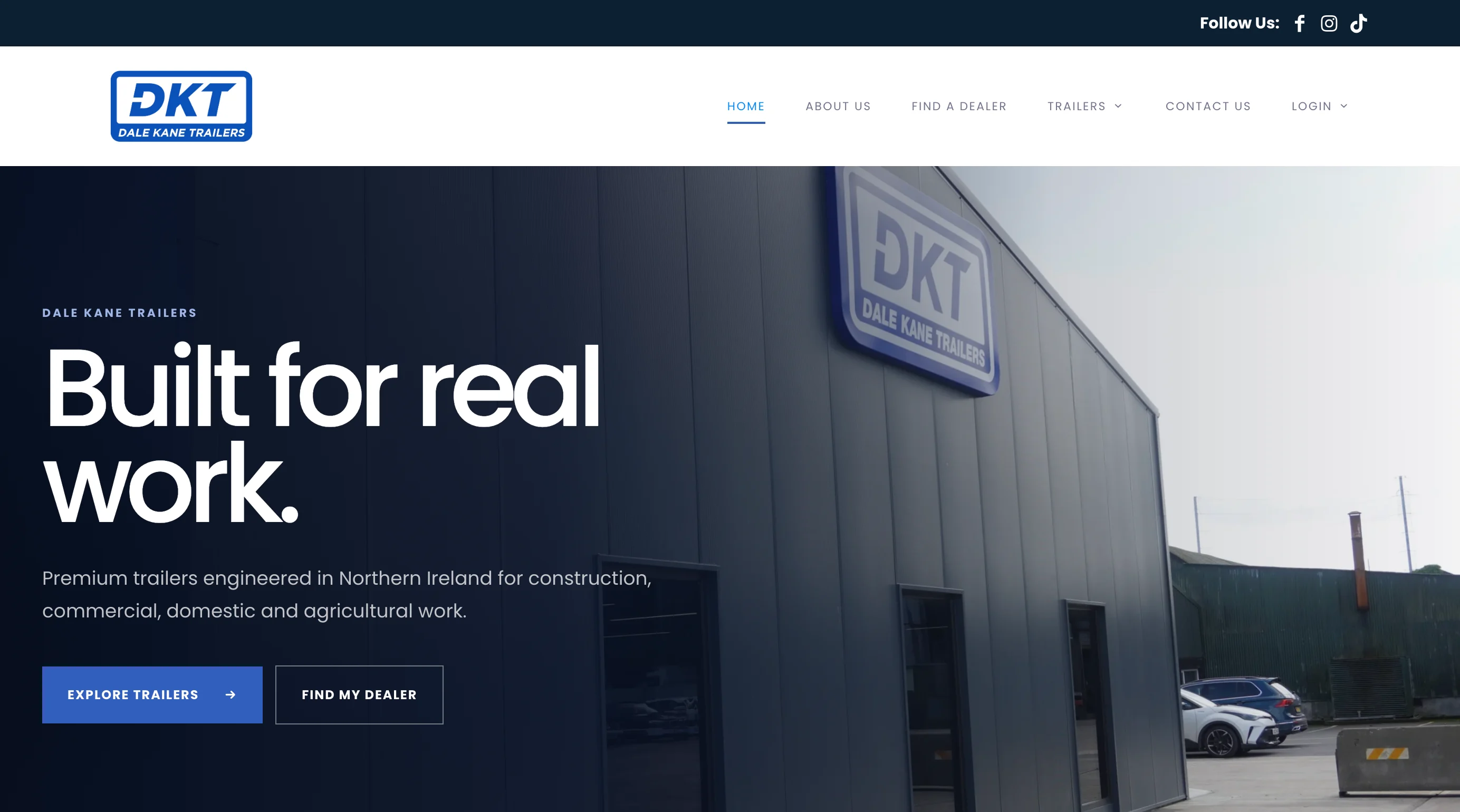 Dale Kane Trailers website shown on desktop